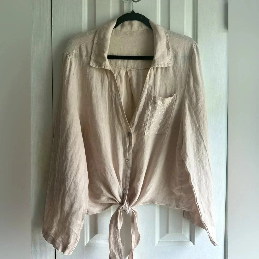 100% Linen tie waist button up blouse, sequined pocket w/ roll up sleeve - Picture 2 of 7